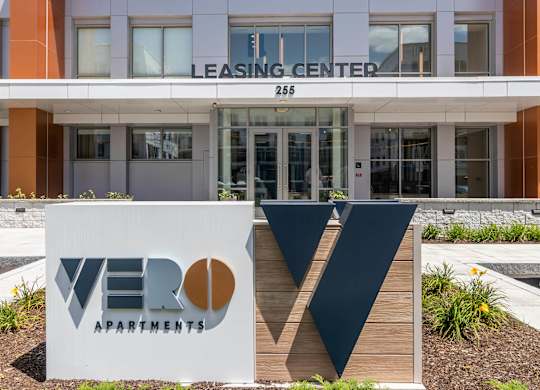 Entrance monument sign at VERO Apartments in Chelsea MA