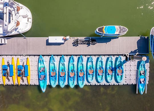 Aerial view of kayak and paddleboards at The Cove at Tiburon Apartments in Tiburon CA