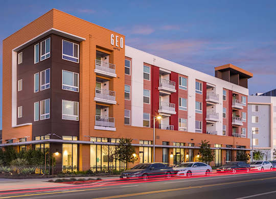 Exterior Building at Dusk at GEO Apartment in Fremont CA