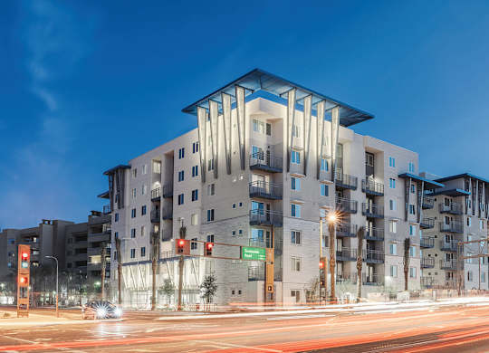 Exterior building at night at Norte Town Lake Apartments in Tempe Arizona