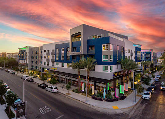 Exterior Building Corner Sunset at Chroma Apartments in Canoga Park CA
