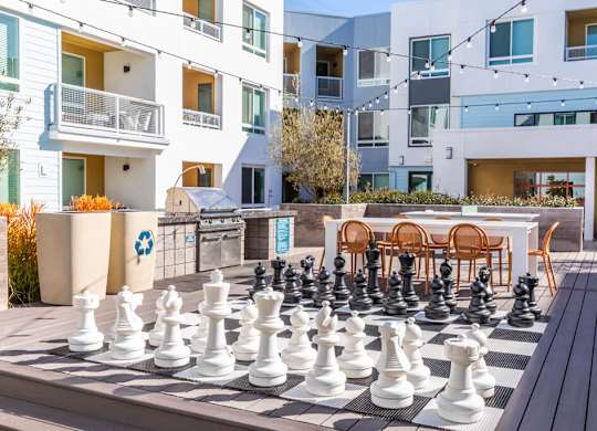 Outdoor chess set at Bevel Apartments in San Diego CA