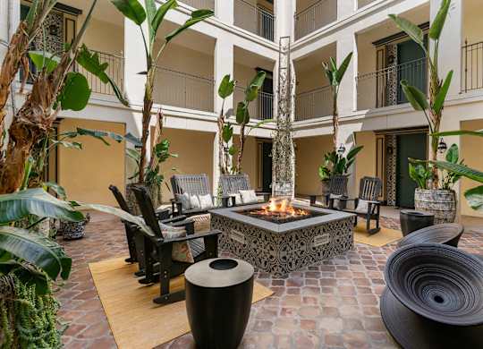 xterior Courtyard The Hearth Fire Featureat Cardio Equipment at Candara at Hancock Park Apartments in Los Angeles CA