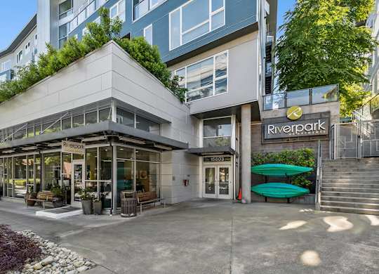 Leasing office entrance at Riverpark Apartments in Redmond WA