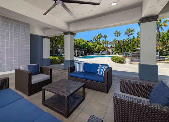 Poolside lounge at Landara Apartments in Ontario CA