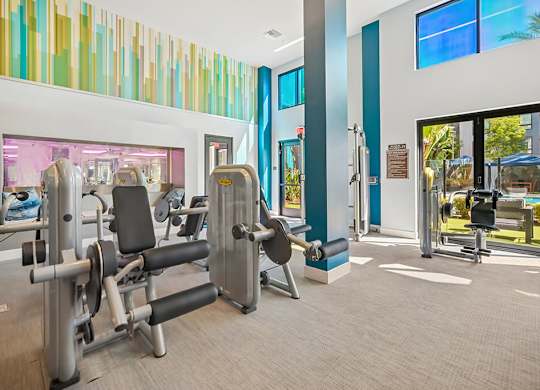 A gym with a row of exercise machines.