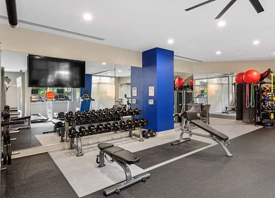 Fitness center weights at Bradley Braddock Road Station Apartments in Alexandria VA
