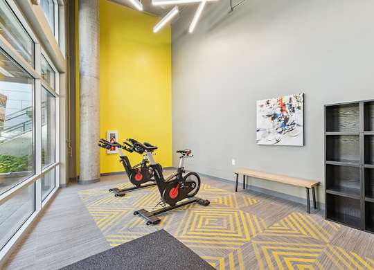 Fitness center cycle room at Riverpark Apartments in Redmond WA