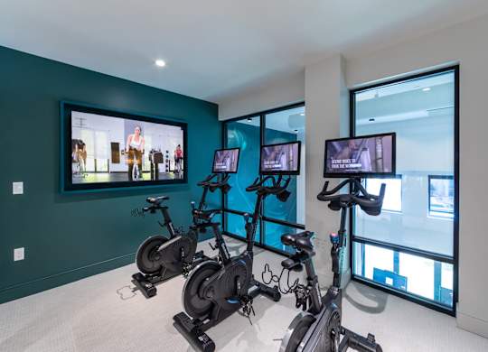 Fitness center spin room at Bevel Apartments in San Diego CA
