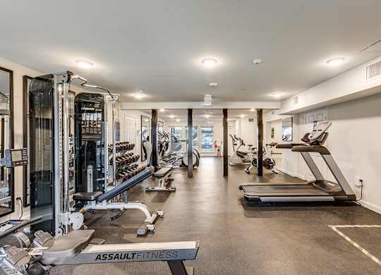 Fitness center weights at Mission James Place Apartments in Austin TX