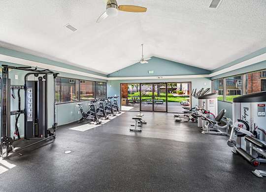 Fitness center weights at Rock Peak on Sunset Apartments in Longmont CO