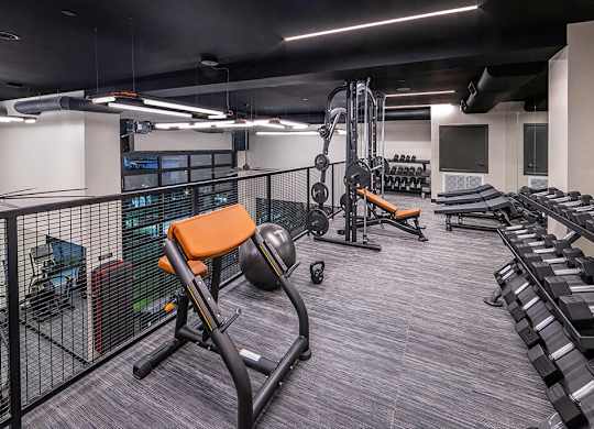 Second floor of fitness center at The Wylden Apartments in Los Angeles CA