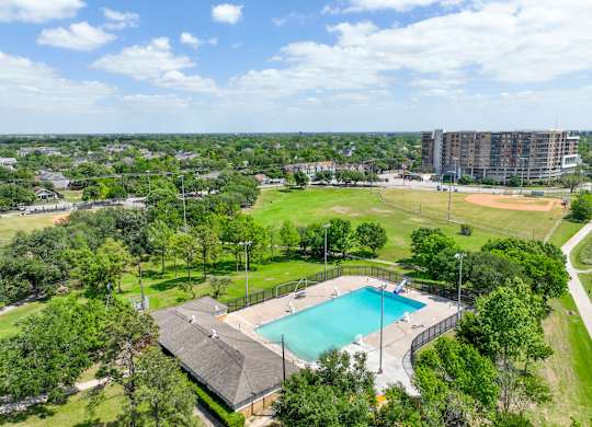 Aerial view of pool Heights at 1520 Apartments in Houston TX