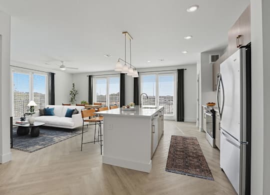 Kitchen with view of living room at Station 316 Woburn MA