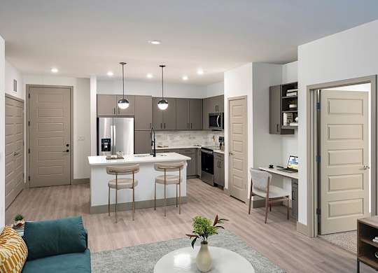 Kitchen and Living Room in Black Pearl Design at Wayfern Apartments in Sandy Springs GA