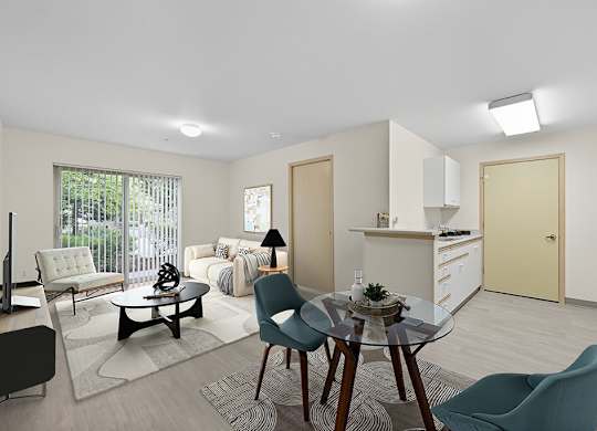 Kitchen and living room at Alderwood Court in Lynnwood WA