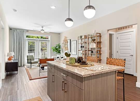 Kitchen and living room at Verge Apartments in Atlanta GA