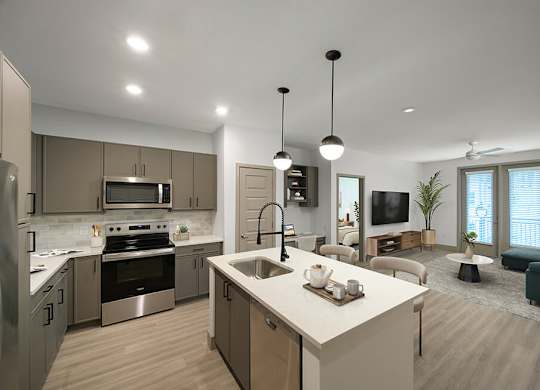 Kitchen and Living Room Black Pearl at Wayfern Apartments in Sandy Springs GA
