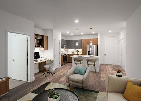 Kitchen and living room at The Edley in Atlanta GA