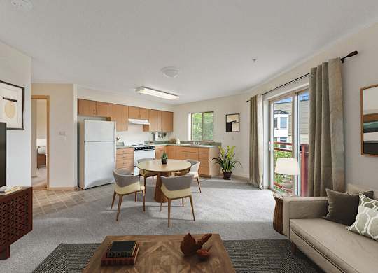 A modern living room with a television, couch, and dining table.