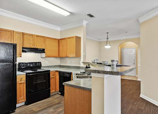 Kitchen with black appliances at Longwood Vista Apartment Homes in Atlanta GA