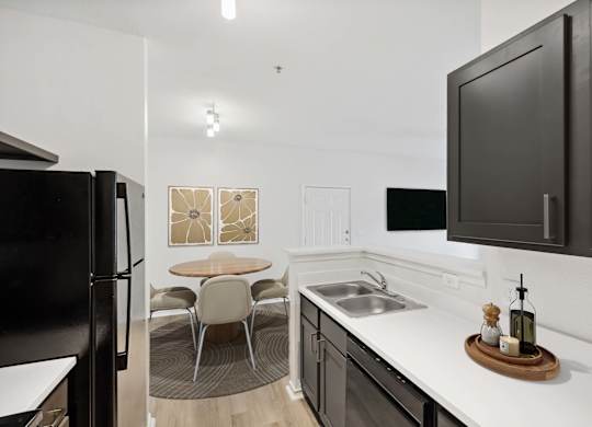 A modern kitchen with a black refrigerator and a white countertop.