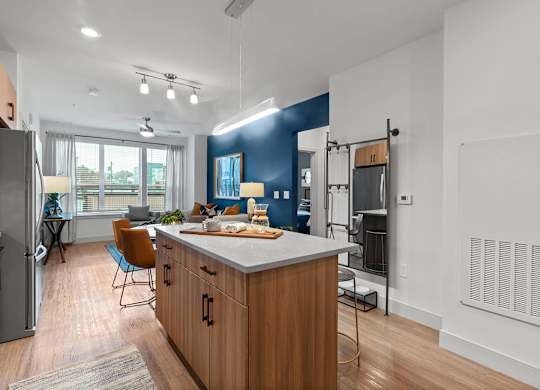 Kitchen island seating at VERO Apartments in Chelsea MA