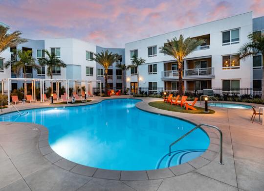 Pool at dusk at Bevel Apartments in San Diego CA
