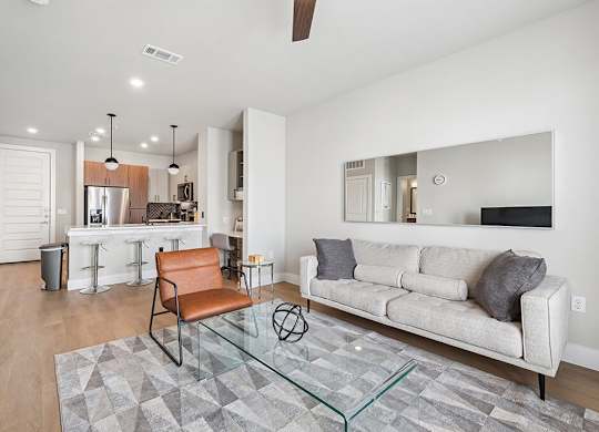 A modern living room at The Sevens in Dallas TX