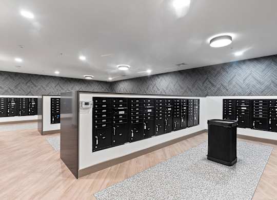 Mail room mailboxes at VERO Apartments in Chelsea MA