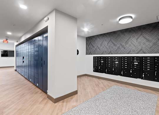 Mail room at VERO Apartments in Chelsea MA
