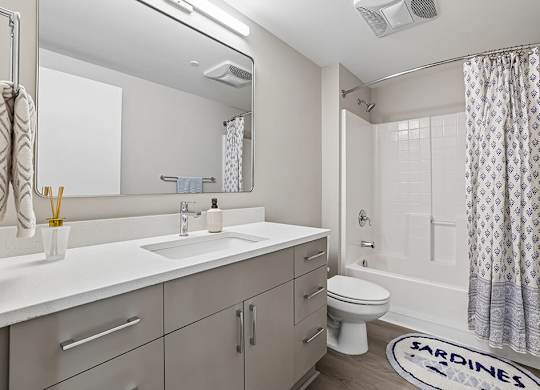 A bathroom with a white sink, toilet, and a shower with a curtain.