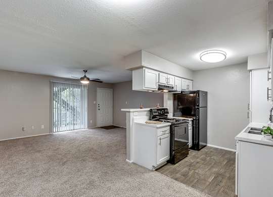 Black kitchen appliances at Mission James Place Apartments in Austin TX