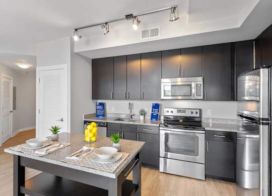 Kitchen with track lighting and island at Bradley Braddock Road Station Apartments in Alexandria VA