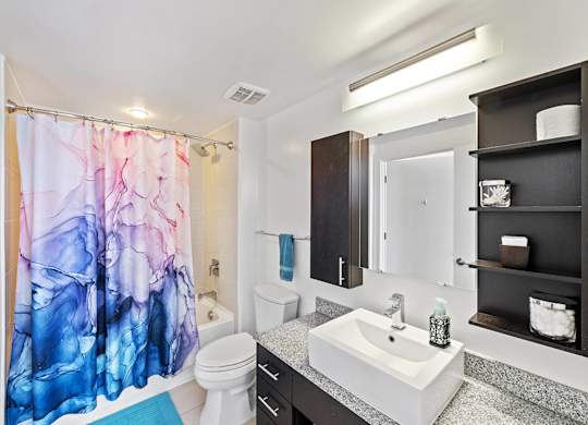 Bathroom with shelving at Bradley Braddock Road Station Apartments in Alexandria VA