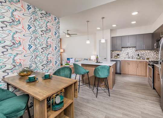 Model Honey Finish Package Kitchen and Dining at Vita Apartment Homes in Orange CA