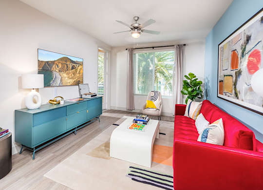 Model Living Room with ceiling fan at Embark Apartments in Fremont CA