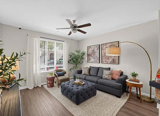 A living room with a grey couch, a coffee table, a potted plant, and a ceiling fan.