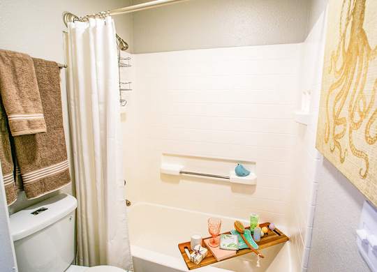 a bathroom with a tub and a toilet and a towel rack