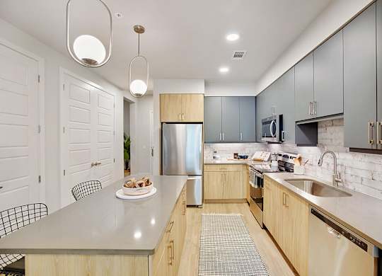 Model Sandalwood Design Package Kitchen at 1810 Main Apartments in Houston TX