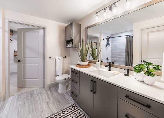 bathroom with sink and shower at Avel Apartment Homes in Orange CA