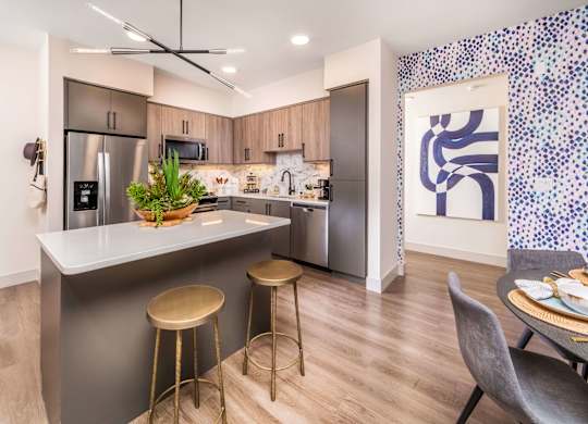 Model slate kitchen at Avel Apartment Homes in Orange CA