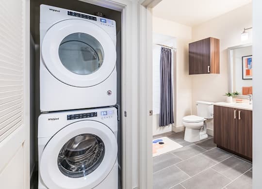 Model Washer and Dryer and Bathroom at Embark Apartments in Fremont CA