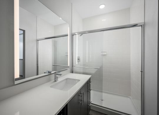 A modern bathroom with a sink, mirror, and shower.