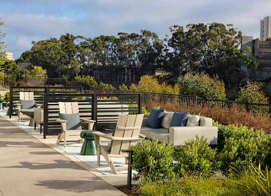 Outdoor lounge seating at Chromatic Flats Apartments in San Diego CA