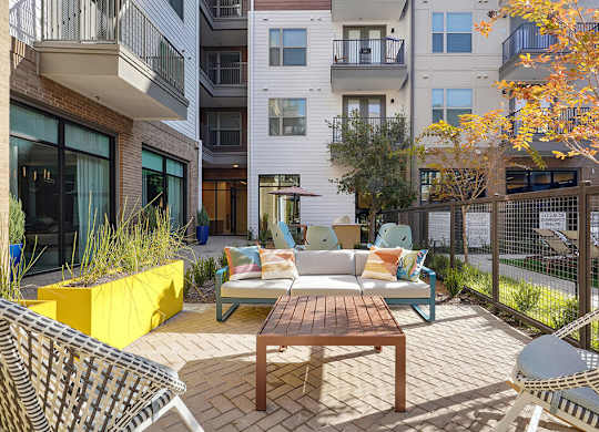 Outdoor lounge at The Sevens in Dallas TX