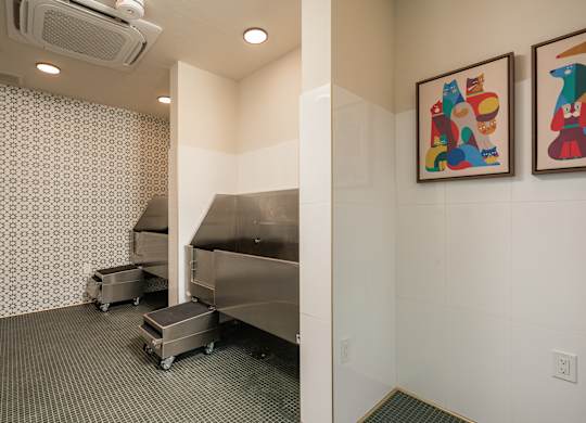 A room with two pieces of artwork on the wall and a stainless steel dishwasher.