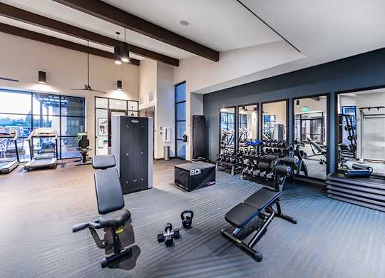 Fitness center weights at The Braydon Apartments in Napa CA
