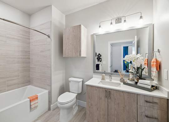 Bathroom with shower at The Braydon Apartments in Napa CA