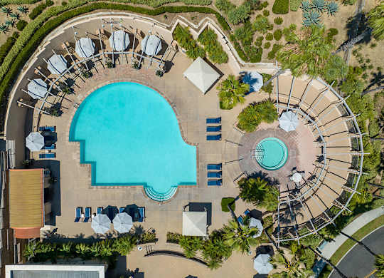 Aerial view of pool at Cresterra Apartments in San Marcos CA